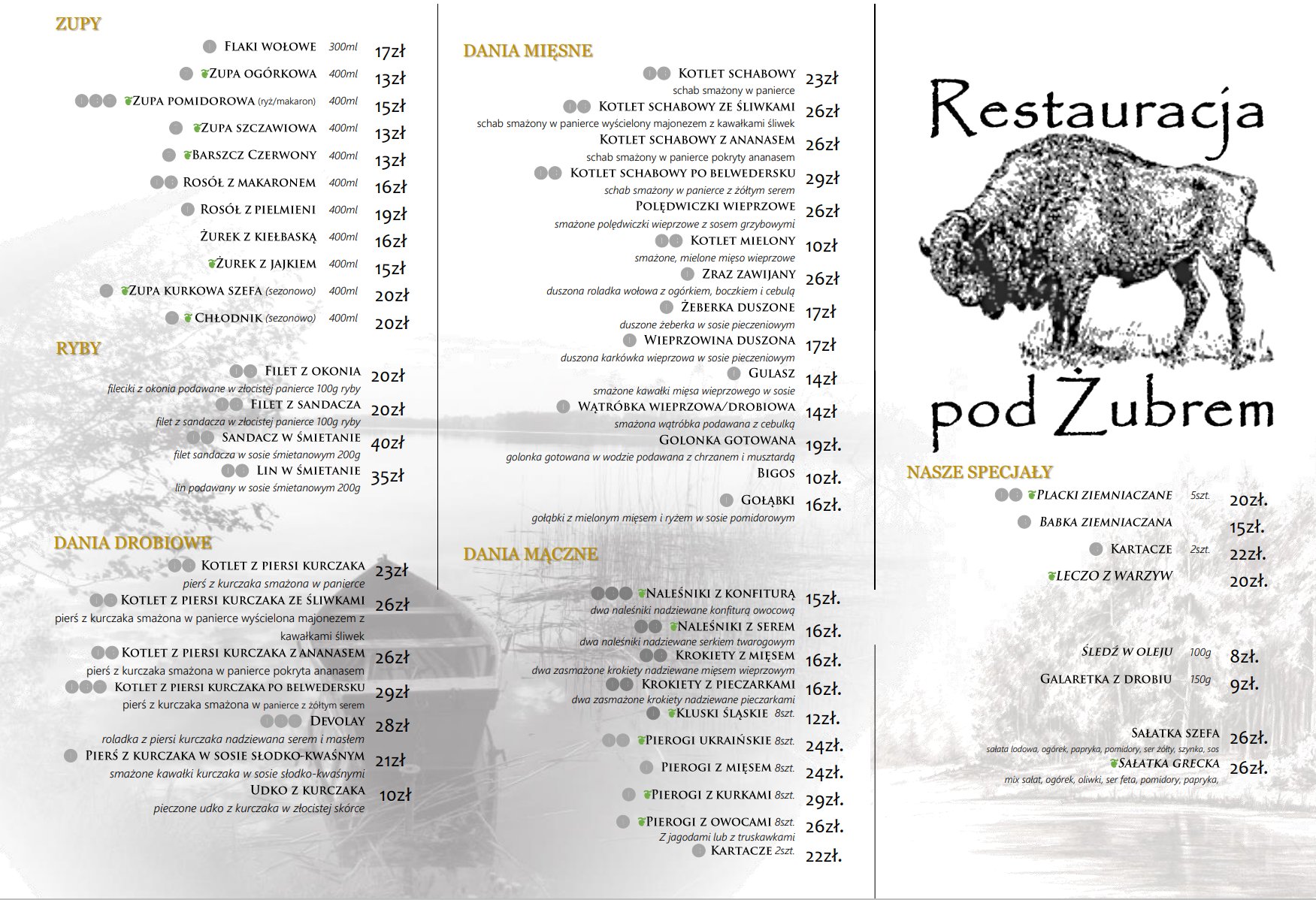 menu restauracja pod zubrem 2023